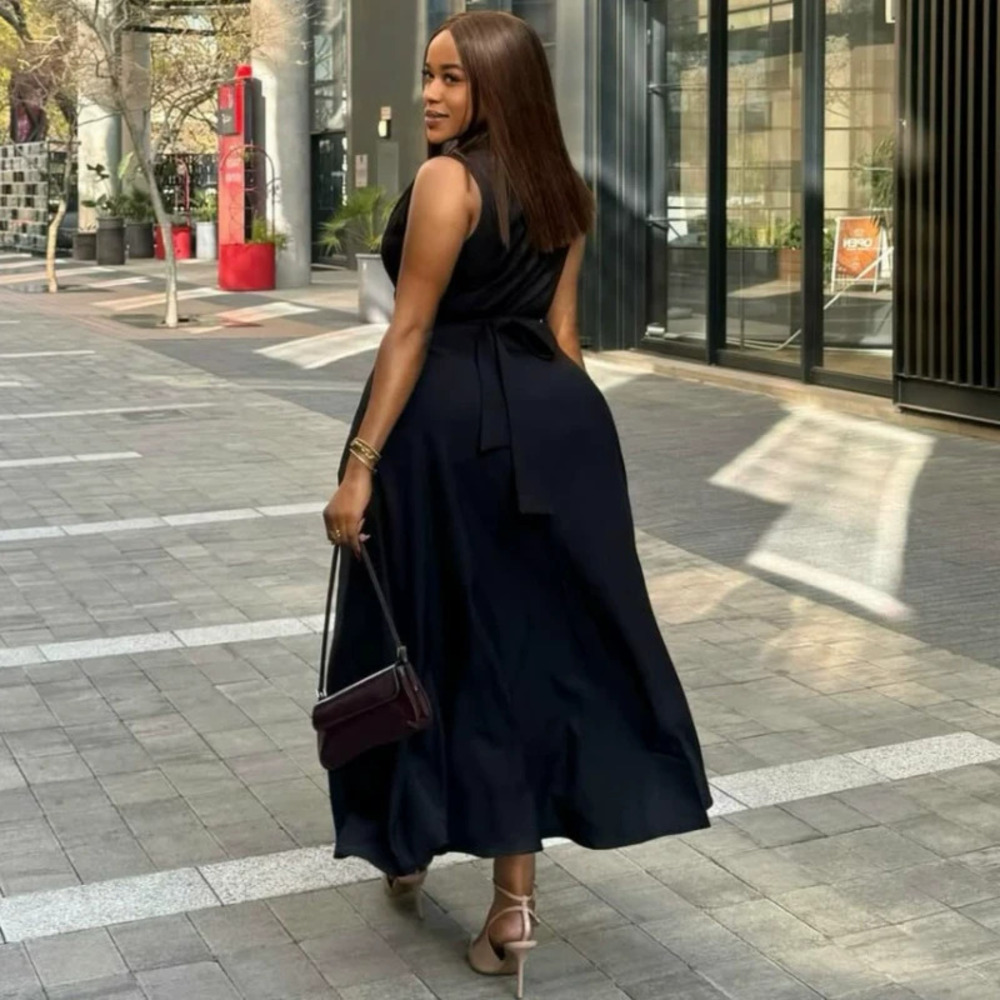 ZARA Chic V Neck Slim Waist Long Black African Slit Dress